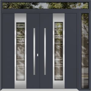 Front Exterior Prehung Metal Double Doors / Deux 5755 Gray Graphite Clear Glass / Top Transom / Entry Modern Painted (W72" x H96+14") Left hand Outswing