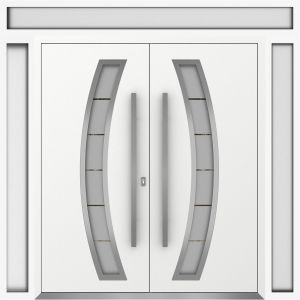 Front Exterior Prehung Metal Double Doors / Deux 6500 White Enamel Frosted Glass / 2 Sidelights and Top Transom / Entry Modern Painted 96x108 (W12+72+12" x H96+12") Left hand Outswing