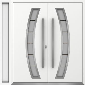 Front Exterior Prehung Metal Double Doors / Deux 6500 White Enamel Frosted Glass / 1 Sidelight / Entry Modern Painted 84x96 (W72+12" x H96") Right hand Outswing