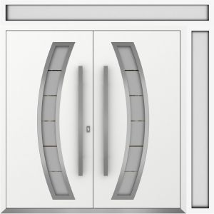 Front Exterior Prehung Metal Double Doors / Deux 6500 White Enamel Frosted Glass / 1 Sidelight and Top Transom / Entry Modern Painted 86x108 (W72+14" x H96+12") Left hand Outswing