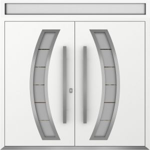 Front Exterior Prehung Metal Double Doors / Deux 6500 White Enamel Frosted Glass / Top Transom / Entry Modern Painted (W72" x H96+16") Left hand Outswing