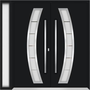Front Exterior Prehung Metal Double Doors / Deux 6500 Black Enamel Frosted Glass / 1 Sidelight / Entry Modern Painted 86x96 (W72+14" x H96") Right hand Outswing