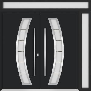 Front Exterior Prehung Metal Double Doors / Deux 6500 Black Enamel Frosted Glass / 1 Sidelight and Top Transom / Entry Modern Painted 88x110 (W72+16" x H96+14") Right hand Outswing