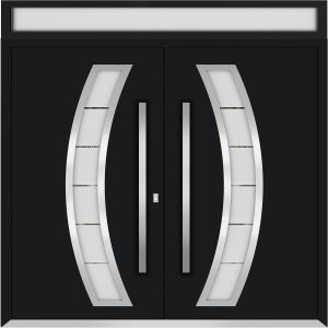 Front Exterior Prehung Metal Double Doors / Deux 6500 Black Enamel Frosted Glass / Top Transom / Entry Modern Painted (W72" x H96+12") Left hand Outswing
