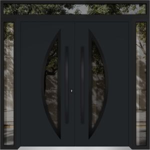 Front Exterior Prehung Metal Double Doors / Deux 6501 Black Enamel Opaque Black Glass / 2 Sidelights and Top Transom / Entry Modern Painted 100x110 (W14+72+14" x H96+14") Right hand Outswing