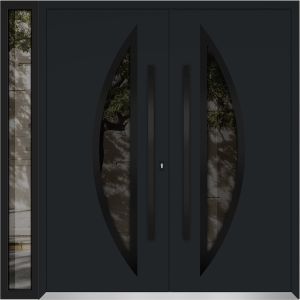 Front Exterior Prehung Metal Double Doors / Deux 6501 Black Enamel Opaque Black Glass / 1 Sidelight / Entry Modern Painted 86x96 (W72+14" x H96") Right hand Outswing