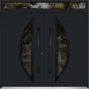 Front Exterior Prehung Metal Double Doors / Deux 6501 Black Enamel Tinted Black Glass / Top Transom / Entry Modern Painted (W72" x H96+16") Right hand Outswing