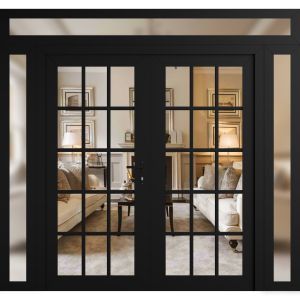 Front Exterior Prehung Metal-Plastic Double Doors Clear Glass / MANUX 8151 Matte Black / Office Commercial and Residential Doors Entrance Patio Garage 96" x 96" Left-Hand Inswing