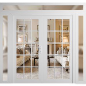 Front Exterior Prehung Metal-Plastic Double Doors Clear Glass / MANUX 8151 White Silk / Office Commercial and Residential Doors Entrance Patio Garage 96" x 94" Left-Hand Inswing