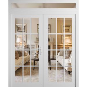 Front Exterior Prehung Metal-Plastic Double Doors Clear Glass / MANUX 8355 White Silk / Office Commercial and Residential Doors Entrance Patio Garage 72" x 94" Left-Hand Inswing