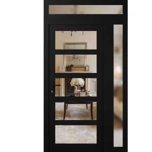 Front Exterior Prehung FiberGlass Door Clear Glass See-through / Manux 8522 Matte Black Clear Glass / Sidelight and Transom Window / Office Commercial and Residential Doors Entrance Patio Garage-W36+16" x H80+14"-Right-hand Inswing