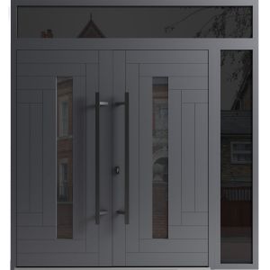 Front Exterior Prehung Aluminum Double Doors / Ronex 0130 Grey / Mirrored Clear Glass / 1 Sidelight and Top Transom / Entry Metal Modern Painted (W84" x H96") Left hand Inswing