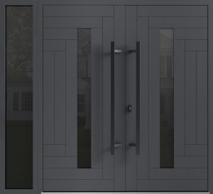 Front Exterior Prehung Aluminum Double Doors / Ronex 0130 Grey / 1 Sidelight / Mirrored Clear Glass Entry Metal Modern Painted (W88" x H80") Right hand Inswing