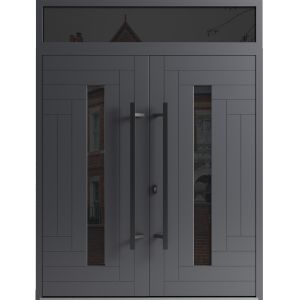 Front Exterior Prehung Aluminum Double Doors / Ronex 0130 Grey / Top Transom / Mirrored Clear Glass Entry Metal Modern Painted (W72" x H96") Left hand Inswing