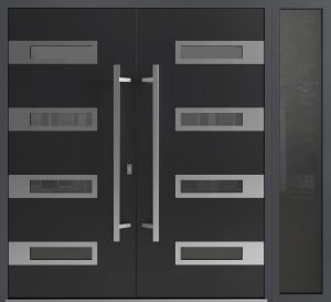 Front Exterior Prehung Aluminum Double Doors / Ronex 0131 Black Enamel / 1 Sidelight / Mirrored Clear Glass Entry Metal Modern Painted (W88" x H80") Left hand Inswing