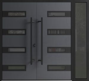 Front Exterior Prehung Aluminum Double Doors / Ronex 0131 Grey / 1 Sidelight / Mirrored Clear Glass / 1 Sidelight / Entry Metal Modern Painted (W86" x H96") Right hand Inswing