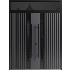 Front Exterior Prehung Aluminum Double Doors / Ronex 0144 Grey / Top Transom / Mirrored Clear Glass / Top Transom / Entry Metal Modern Painted (W72" x H94") Left hand Inswing