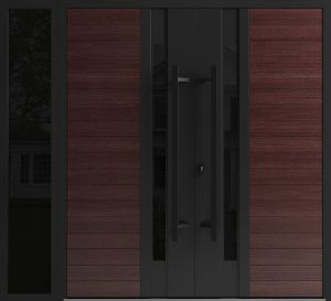 Front Exterior Prehung Aluminum Double Doors / Ronex 0162 Red Oak / 1 Sidelight / Mirrored Clear Glass / 1 Sidelight / Entry Metal Modern Painted (W86" x H96") Left hand Inswing