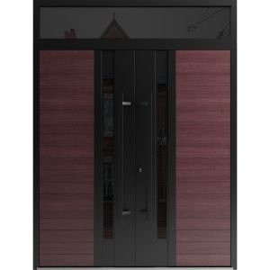Front Exterior Prehung Aluminum Double Doors / Ronex 0162 Red Oak / Top Transom / Mirrored Clear Glass / Top Transom / Entry Metal Modern Painted (W72" x H94") Right hand Inswing