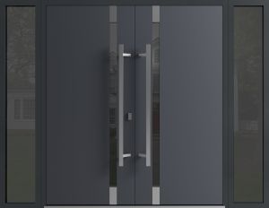 Front Exterior Prehung Aluminum Double Doors / Ronex 1011 Grey / Mirrored Clear Glass / 2 Sidelights / Entry Metal Modern Painted (W96" x H96") Left hand Outswing