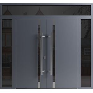 Front Exterior Prehung Aluminum Double Doors / Ronex 1011 Grey / 2 Sidelights and Top Transom / Mirrored Clear Glass Entry Metal Modern Painted (W96" x H94") Right hand Outswing