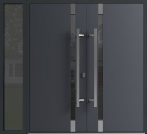 Front Exterior Prehung Aluminum Double Doors / Ronex 1011 Grey / 1 Sidelight / Mirrored Clear Glass / 1 Sidelight / Entry Metal Modern Painted (W88" x H96") Left hand Outswing