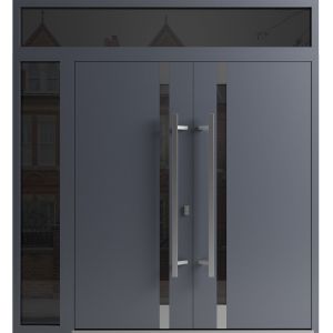 Front Exterior Prehung Aluminum Double Doors / Ronex 1011 Grey / 1 Sidelight and Top Transom / Mirrored Clear Glass Entry Metal Modern Painted (W88" x H96") Right hand Outswing