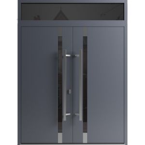 Front Exterior Prehung Aluminum Double Doors / Ronex 1011 Grey / Top Transom / Mirrored Clear Glass Entry Metal Modern Painted (W72" x H94") Right hand Outswing