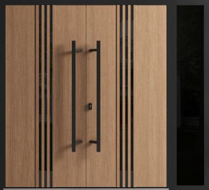 Front Exterior Prehung Aluminum Double Doors / Ronex 1055 Teak / 1 Sidelight / Mirrored Clear Glass / 1 Sidelight / Entry Metal Modern Veneer Painted (W86" x H96") Right hand Inswing