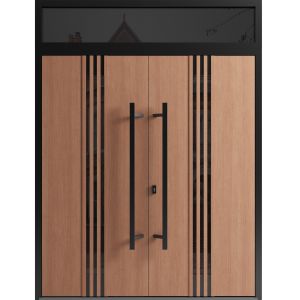 Front Exterior Prehung Aluminum Double Doors / Ronex 1055 Teak / Top Transom / Mirrored Clear Glass Entry Metal Modern Veneer Painted (W72" x H96") Left hand Inswing