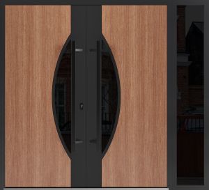 Front Exterior Prehung Aluminum Double Doors / Ronex 1077 Teak / 1 Sidelight / Mirrored Clear Glass / 1 Sidelight / Entry Metal Modern Veneer Painted (W88" x H96") Right hand Inswing