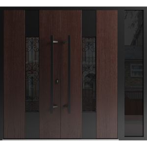 Front Exterior Prehung Aluminum Double Doors / Ronex 1205 Bronze Oak / 1 Sidelight / Mirrored Clear Glass / 1 Sidelight / Entry Metal Modern Veneer Painted (W88" x H96") Right hand Inswing