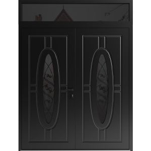 Front Exterior Prehung Aluminum Double Doors / Ronex 1277 Black Enamel / Top Transom / Mirrored Clear Glass / Top Transom / Entry Metal Modern Painted (W72" x H94") Right hand Inswing
