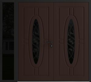 Front Exterior Prehung Aluminum Double Doors / Ronex 1277 Brown / 1 Sidelight / Mirrored Clear Glass / 1 Sidelight / Entry Metal Modern Painted (W84" x H96") Left hand Inswing