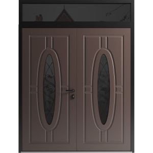 Front Exterior Prehung Aluminum Double Doors / Ronex 1277 Brown / Top Transom / Mirrored Clear Glass / Top Transom / Entry Metal Modern Painted (W72" x H94") Right hand Inswing