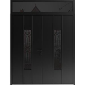 Front Exterior Prehung Aluminum Double Doors / Ronex 1477 Black Enamel / Top Transom / Mirrored Clear Glass / Top Transom / Entry Metal Modern Painted (W72" x H96") Right hand Inswing