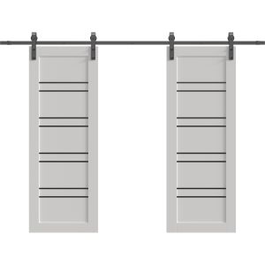 Double Barn Door 72 x 84 inches | BASIC 4901 White with Black Glass | 13FT Rail Track Set | Solid Panel Interior Doors