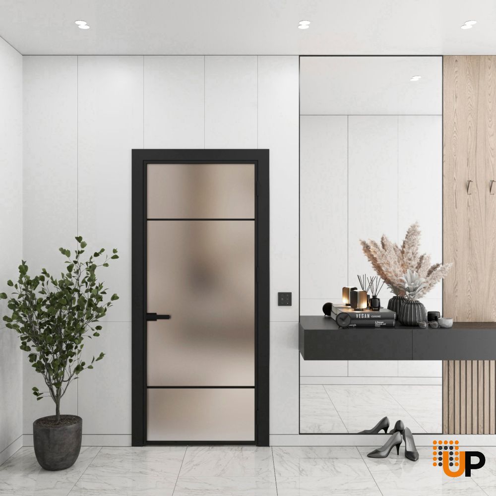 Aluminum Interior Door | Lumo 1915 Black Frosted Glass with Frame, Trims, Extensions 24" x 80" Right-hand Inswing photo#2