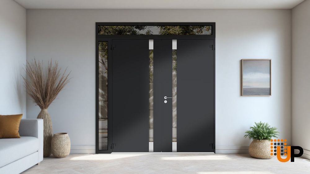 Double swing metal-aluminum modern exterior door with clear-mirrored glass | Cynex 6777 Black Enamel | 88 x 92 (72+16 x 80+12) photo#4