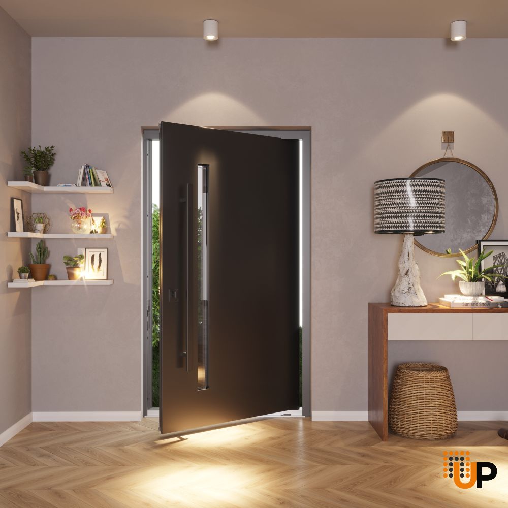 Single pivot metal-aluminum modern exterior door with tinted clear-mirrored glass | Axis 1133 Teak | 58 x 108 photo#5