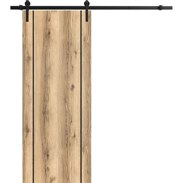 Sliding Barn Door with Hardware | Planum 0017 Oak | 6.6FT Rail Hangers Sturdy Set | Modern Solid Panel Interior Doors-18" x 80"-Black Rail