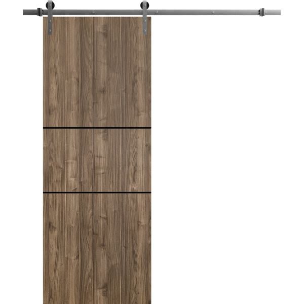 Sliding Barn Door with Stainless Steel 6.6ft Hardware | Planum 0014 Walnut | Rail Hangers Sturdy Silver Set | Modern Solid Panel Interior Doors