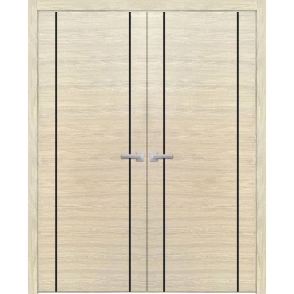 Solid French Double Doors | Planum 0017 Natural Veneer | Wood Solid Panel Frame Trims | Closet Bedroom Sturdy Doors -36" x 80" (2* 18x80)-Butterfly