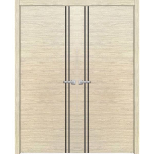Planum Solid French Double Doors | Planum 0016 Natural Veneer | Wood Solid Panel Frame Trims | Closet Bedroom Sturdy Doors 