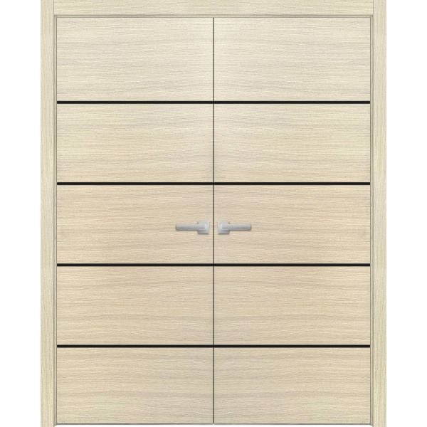 Planum Solid French Double Doors | Planum 0015 Natural Veneer | Wood Solid Panel Frame Trims | Closet Bedroom Sturdy Doors 