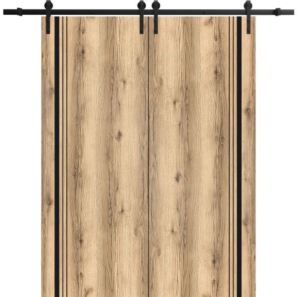 Sliding Double Barn Doors with Hardware | Planum 0011 Oak | 13FT Rail Hangers Sturdy Set | Modern Solid Panel Interior Hall Bedroom Bathroom Door-36" x 80" (2* 18x80)-Black Rail