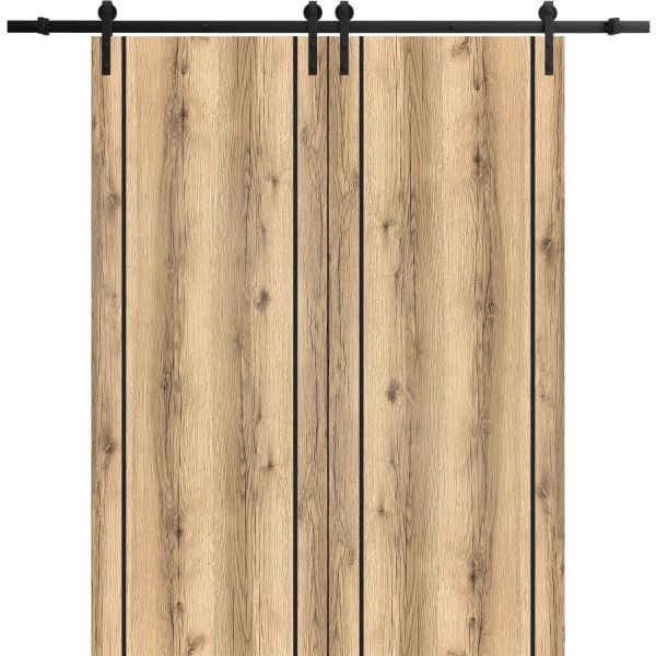 Sliding Double Barn Doors with Hardware | Planum 0017 Oak | 13FT Rail Hangers Sturdy Set | Modern Solid Panel Interior Hall Bedroom Bathroom Door-36" x 80" (2* 18x80)-Black Rail