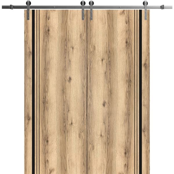 Sliding Double Barn Doors with Hardware | Planum 0011 Oak | Silver 13FT Rail Hangers Sturdy Set | Modern Solid Panel Interior Hall Bedroom Bathroom Door