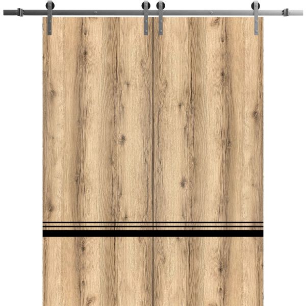 Sliding Double Barn Doors with Hardware | Planum 0012 Oak | Silver 13FT Rail Hangers Sturdy Set | Modern Solid Panel Interior Hall Bedroom Bathroom Door