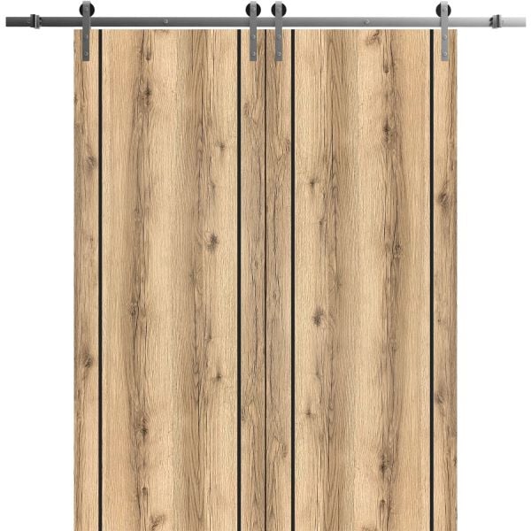 Sliding Double Barn Doors with Hardware | Planum 0017 Oak | 13FT Rail Hangers Sturdy Set | Modern Solid Panel Interior Hall Bedroom Bathroom Door-36" x 80" (2* 18x80)-Silver Rail